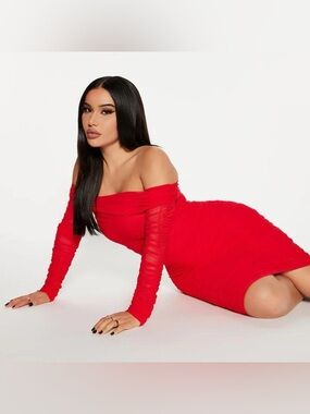 Fashion Nova Red Off-Shoulder Ruched Bodycon Dress
